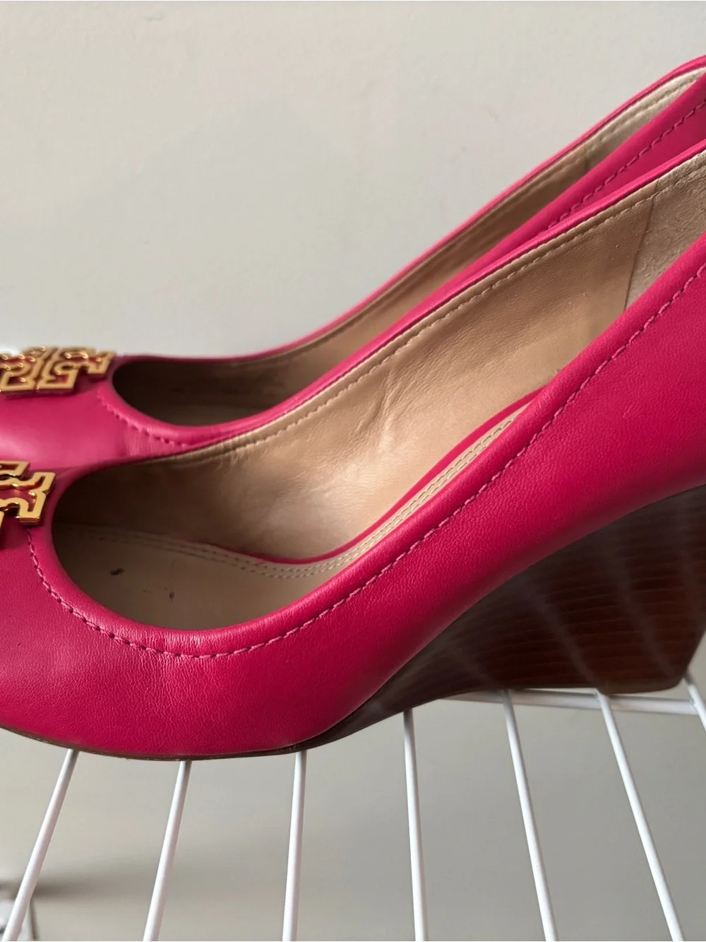 Tory Burch Hot Pink Leather Logo Wedges